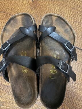 Birkenstock Black Leather Cross-Strap Slide Sandals